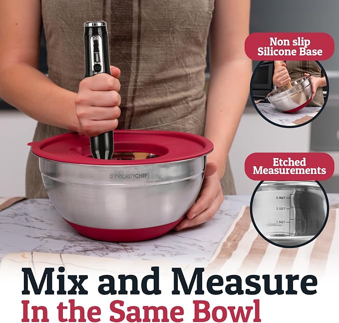 Priority Chef 6Pc Stainless Steel Mixing Bowls with Lids Set, Huge 7 Qrt Size Metal Bowl Set for Kitchen, 3 Graters, Non-Slip Bases & Silicone Utensils Set, Red