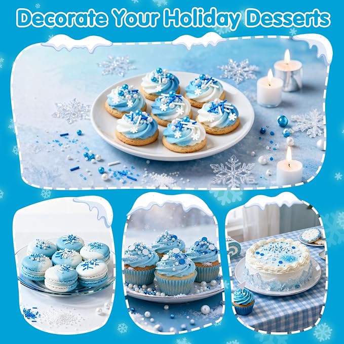 Edible White Snowflake Sprinkles,Blue White Nonpareils Pearls Jimmies Mix Sugar Sprinkle,130g,light Blue Sprinkle Snow Candy for Cake Decorating,Holiday Cake Decorations,Dessert,Cupcakes,Donuts,Cookies,Ice cream Toppers,Birthday Party,Mother's Day,Wint...