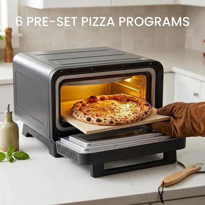 Simple Deluxe 1600W Indoor Electric Pizza Oven, 6 Cooking Modes for 12" Pizza, Fast Heating with Dual Independent Temp Control, Includes Pizza Stone & Spatula, Silver