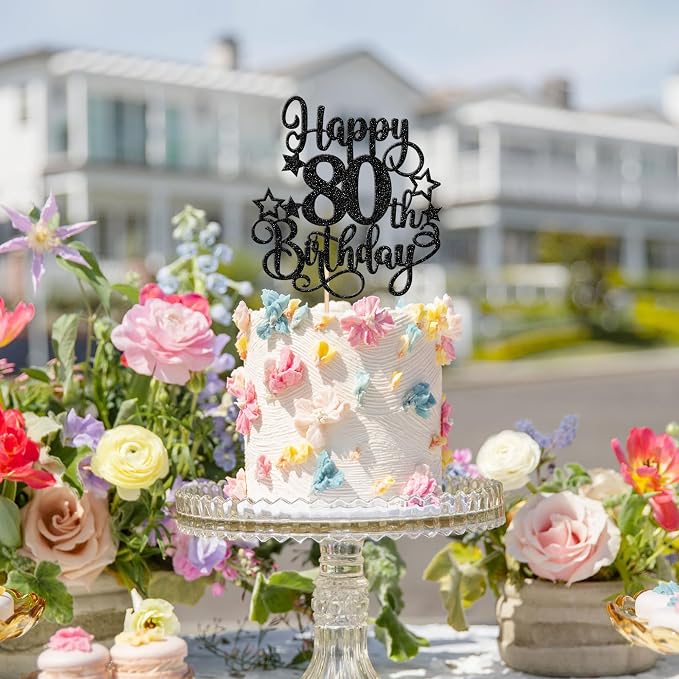 1 PCS Happy 80th Birthday Cake Topper Glitter Cheers to 80 Years Birthday Cake Pick Hello 80 Fabulous Cake Decoration for Happy 80th Birthday Anniversary Party Decorations Supplies Black