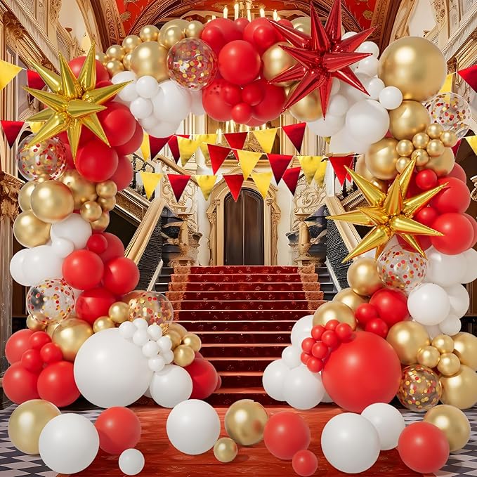 Bonropin Red White and Gold Balloon Garland Arch Kit 158pcs with Red and Gold Confetti Balloons, Star Foil Balloons, for New Year Graduation Anniversary Birthday Party Decorations