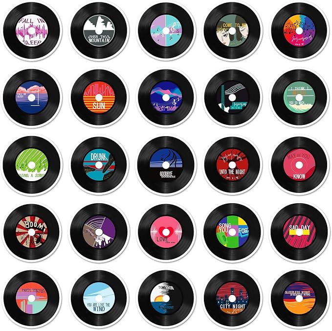 Vintage CD Stickers, 50pcs Colorful Aesthetic Music Label Decor Stickers Black Record Cutouts for Wall Collage Scrapbooking Journal Laptop Water Bottles Music Themed Party Decorations