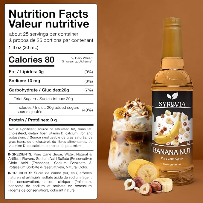 Syruvia Banana Nut Syrup, Flavored Syrup for Coffee, Fruit Drinks, Lemonades, and Desserts – 25.4 fl oz - with Pump