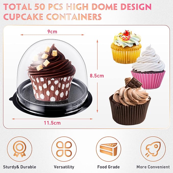 Honeydak 50 Pieces Clear Individual Cupcake Container Cupcake Carrier Holder Box Single cake Boxes Bags Cake Cups with Lid for Wedding Display Muffin Party Disposable Cookies