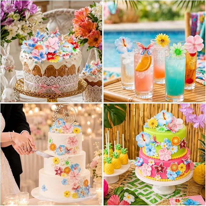 Morofme 60pcs Edible Flower Cake Topper Hawaiian Cupcake Toppers Wafer Paper Daisy Tropical Hibiscus Flower Cake Decorations Luau Themed Cupcake Decor for Summer Beach Aloha Birthday Party Supplies