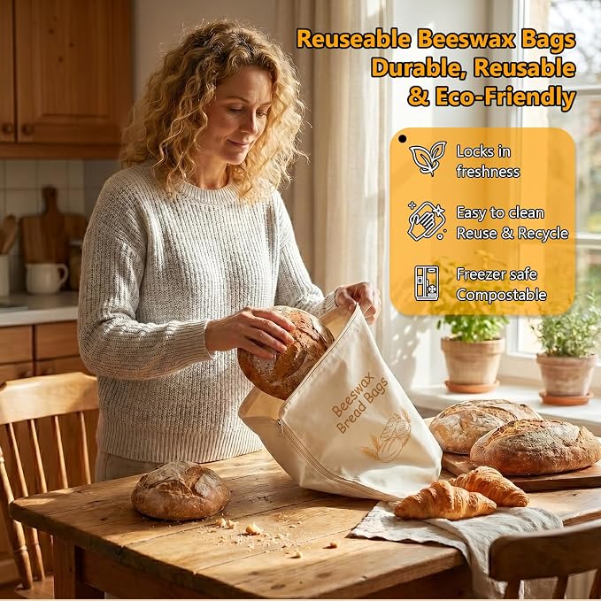 Natural Beeswax Bread Bags for Homemade Bread - Yodeler 2 Pack XL Reusable Organic Cotton Sourdough Bag, Food Storage Cloth Bag Freezer-Friendly with Zip to Keep Fresh (Natural beeswax)