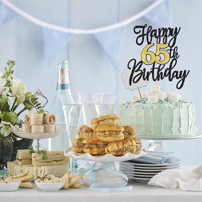 1 PCS Happy 65th Birthday Cake Topper Black Gold Glitter Cheers to 65 Years Birthday Cake Pick 65 Fabulous Cake Decoration for Happy 65th Birthday Anniversary Party Decorations Supplies