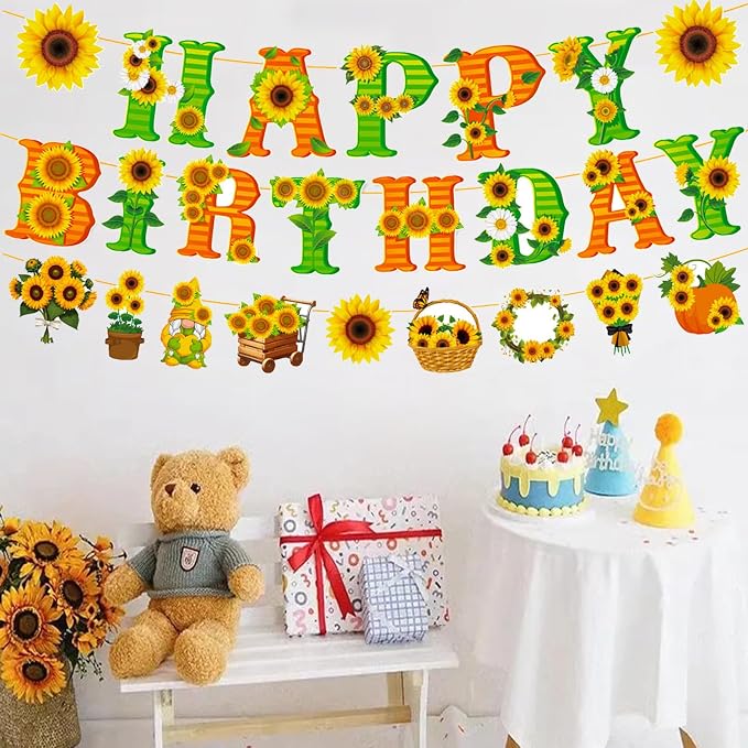 Zwiebeco Green Yellow Orange Sunflower Happy Birthday Party Decoration Banner Bunting Garland Hanging Paper for Boys Girls Kids Women Spring Summer Sunflower Flowers Themed Party Accessories Supplies