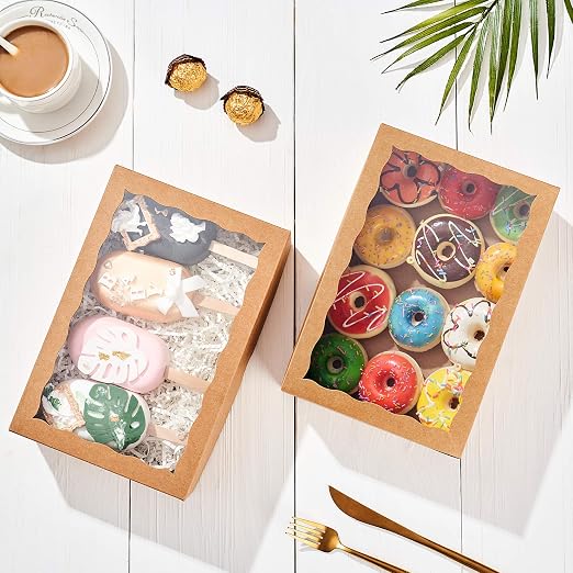 12PCS 10 x 7 x 2.5 inches One Piece Premium Strawberry Boxes, Cookie Boxes, Natural Kraft Brown Bakery Box with Display Window