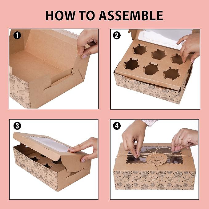 20-Pack Brown Cupcake Boxes with Insert Trays, Tags and Twine | Food Grade Kraft Bakery Boxes with Window to Fit 6 Cupcakes