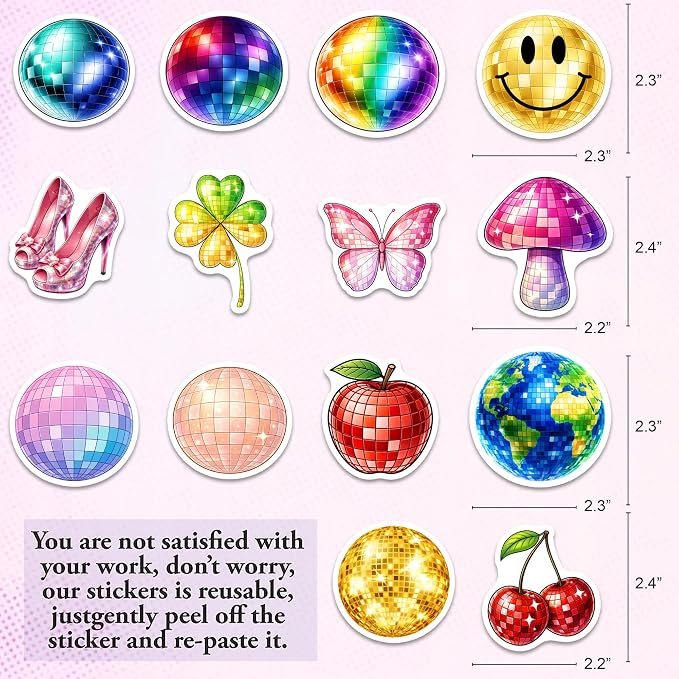 Disco Ball Stickers – Waterproof Vinyl Aesthetic 70s 80s Decals for Water Bottles, Laptops, Journaling – Non-Repeating Decals, High-Definition Print Gift for Womens (50PCS)