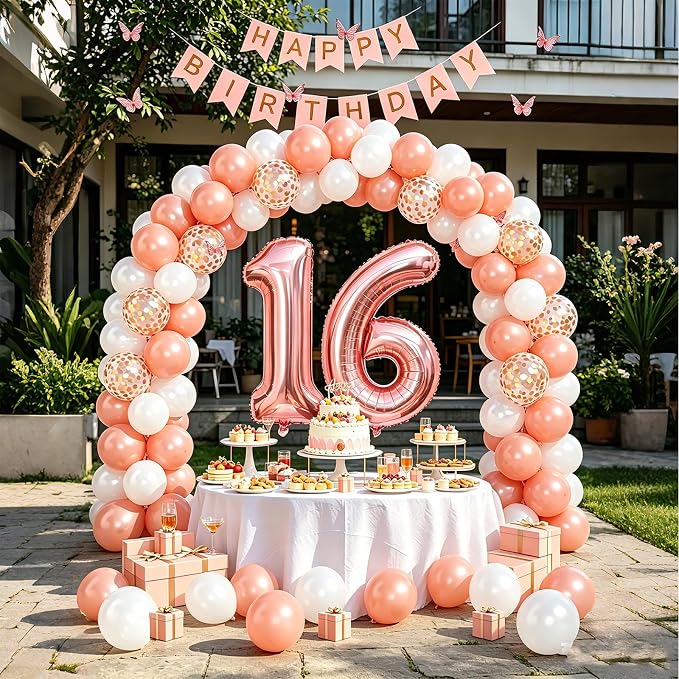 16th Birthday Decorations For Girls- Rose Gold Pearl White Balloons, 32 Inch Rose Gold "16" Balloon, 3D Butterflies Stickers, Happy Birthday Banner For Girl Sweet Sixteen Party Decorations