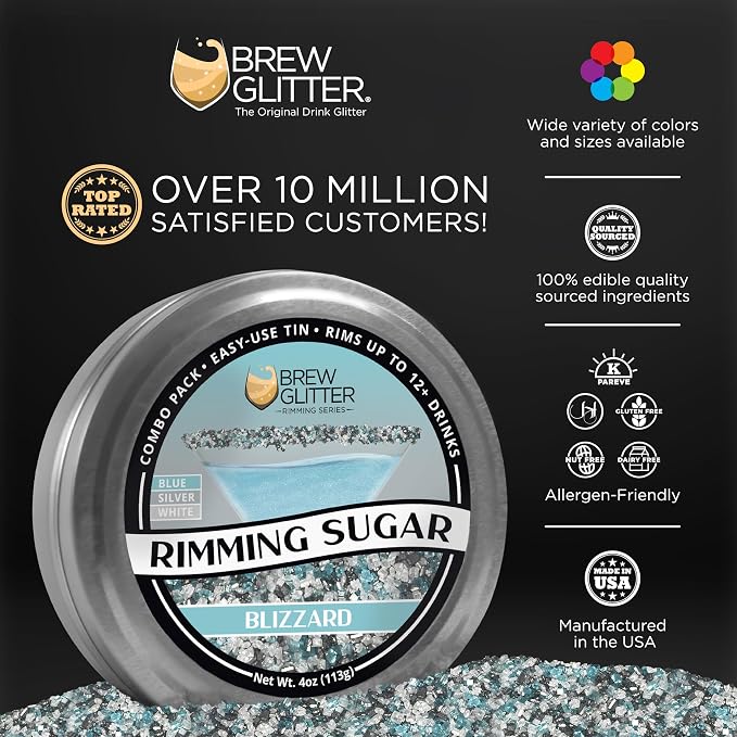 Brew Glitter Colorful Rimming Sugar Series - Blizzard (Blue, Silver & White) Cocktail Garnish for Mixed Drinks & Refreshments (4oz, 1x Bar Tin)