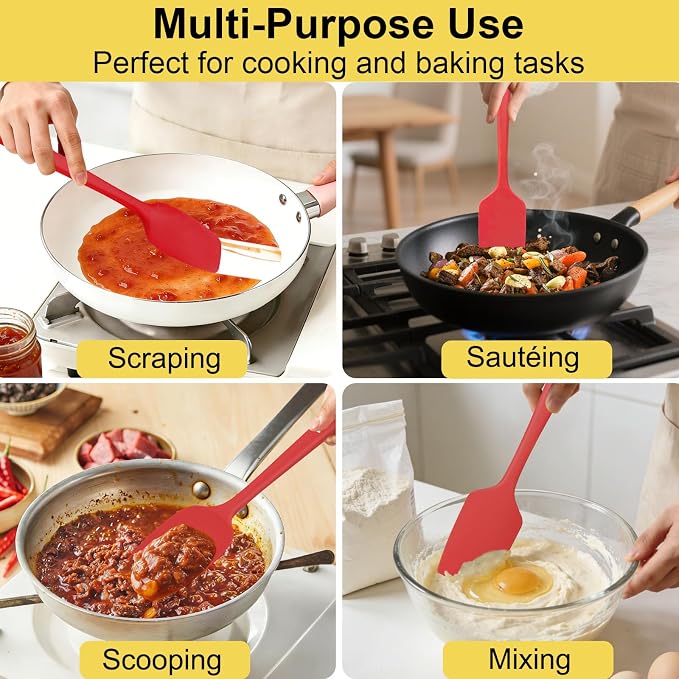 Silicone Spatula Set, 11.4 in, 600°F Heat Resistant (Red) | Food Grade Rubber, BPA Free, Stainless Steel Core, Flexible for Cooking, Baking, Mixing, Seamless, Nonstick & Dishwasher Safe