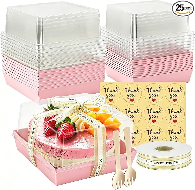 7 x 7 x 4 Inches Clear Cake Boxes for 6 Inch Cake, Paper Charcuterie Boxes with Clear Lids, 25 Pack Disposable Bakery Food Containers Large Dessert, Cupcakes,Pie,Cookies, Cocoa Bomb (Pink)