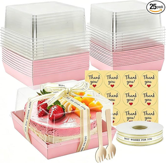 7 x 7 x 4 Inches Clear Cake Boxes for 6 Inch Cake, Paper Charcuterie Boxes with Clear Lids, 25 Pack Disposable Bakery Food Containers Large Dessert, Cupcakes,Pie,Cookies, Cocoa Bomb (Pink)