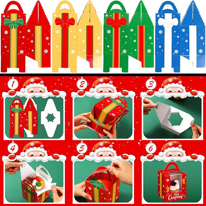TaoBary 24 Pcs Christmas Cupcake Boxes Xmas Individual Cupcake Box Christmas Cookie Boxes with Window Insert Handle Muffin Pastry Holder Bakery Treat Box for X-mas Party(Snowflake)