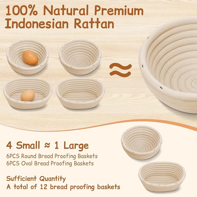 Set of 12 Mini Banneton Bread Proofing Basket with Liner, 5-inch Round and 6.5-inch Oval Small Bread Proofing Sourdough Bowl, for Sourdough Making, Baking Supplies for Home and Bakery