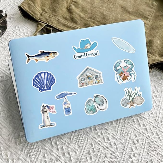 100 Pcs Coastal Blue Stickers for Scrapbooking, Waterproof Vinyl Nautical Ocean Stickers for Laptops Water Bottles Journals, Vintage Coastal Seaside Shell Decals for Adults Teens