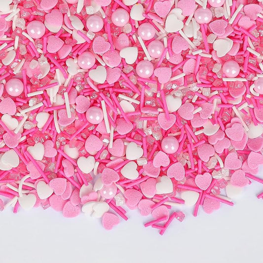 Edible Heart Sprinkles,Pink White Sprinkles -130g,Edible Heart Shaped Sprinkle,Pearl,Jimmies and Sugar Crystals Mix for Baking,Light Pink Cupcake Toppers,Cake,Candy,Cookie Decorations,Donuts Ice Cream Dessert Decorating,Wedding Birthday Party Supplies