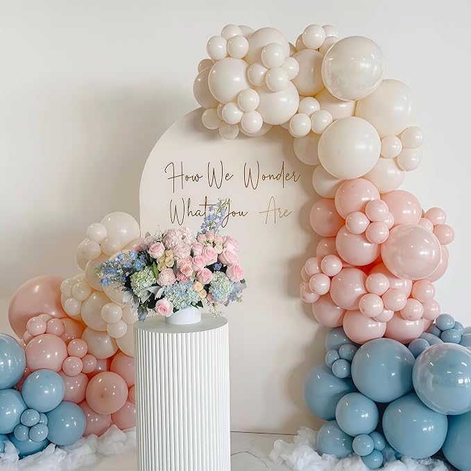 Gender Reveal Balloon Arch Kit 115Pcs Dusty Pink and Blue Balloon Garland Boho Retro Blush Peach Cream Ivory Sand White Birthday Party Balloons for Boy or Girl Baby Shower Bridal Bear Decorations