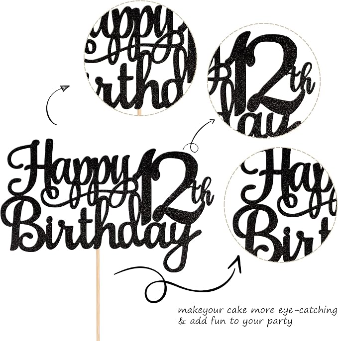 1 PCS Happy 12th Birthday Cake Topper Glitter Cheers to 12 Years Birthday Cake Pick 12 Fabulous Cake Decoration for Happy 13th Birthday Theme Party Decorations Supplies Black
