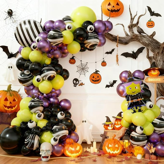 Halloween Balloon Arch Kit, Black Fruit Green Metallic Purple Agate Black Balloons, Ghostly Eyes, Scary Character and Striped Balloons for Kid Halloween Birthday Party Decorations Baby Shower Backdrop