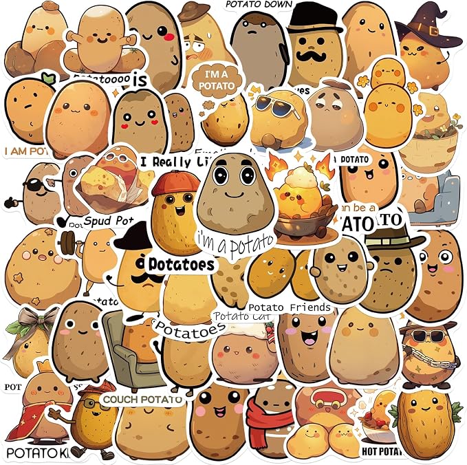 50 Pcs Funny Potato Stickers, Cute Kawaii Potato Character Decals, Waterproof Vinyl Sticker Pack for Laptop, Water Bottle, Journal for Kids & Adults(Potato)