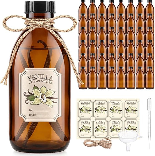 99 Pack 4oz Vanilla Extract Bottles with Caps and Labels | Bulk Boston Round Amber Glass Bottles for Wedding Favors, Homemade Gifts, Essential Oils & Potions - Airtight & Leakproof