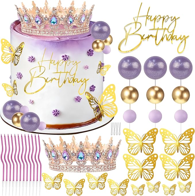 Crown Cake Topper, Purple Crown Balls Happy Birthday Cake Toppers Candles Butterfly, Corona Para Pastel, Crown Cake Decorations for Women Queen Princess (Rose Gold, Moonlight Purple)