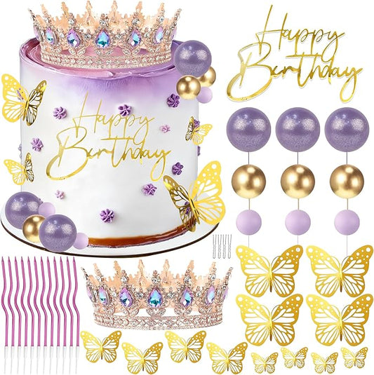 Crown Cake Topper, Purple Crown Balls Happy Birthday Cake Toppers Candles Butterfly, Corona Para Pastel, Crown Cake Decorations for Women Queen Princess (Rose Gold, Moonlight Purple)