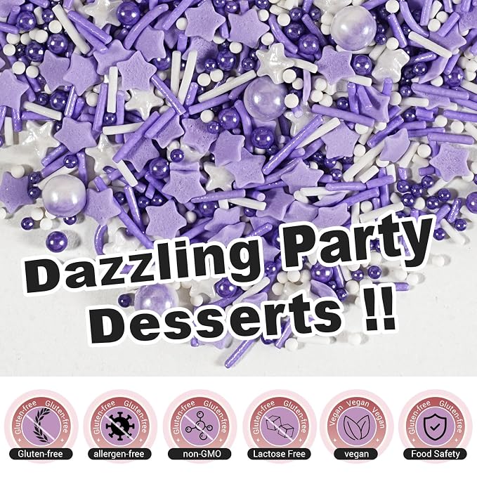 HUEBEATY 6-in-1 Purple Sprinkles for Cake & Cupcake Decorating – 180g Edible Sanding Sugar & Pearl Sprinkles Mix for Birthday, Wedding, Unicorn & Mermaid Themes (Purple and Silver)