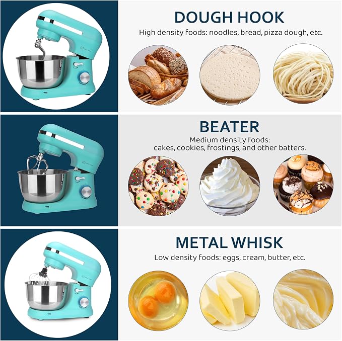 CULINARY CHEF 4.5L Stand Mixer with Stainless Steel Bowl, Tilt-Head Kitchen Electric Mixer with Dough Hook, Mixing Beater and Whisk, Splash Guard, Blue