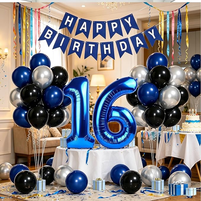 Blue 16th Birthday Decorations For Boys -12 Inch Navy Blue Black Silver Balloons, 32 Inch16 Balloon, Happy Birthday Banner For Sweet 16 Party Decorations Boy