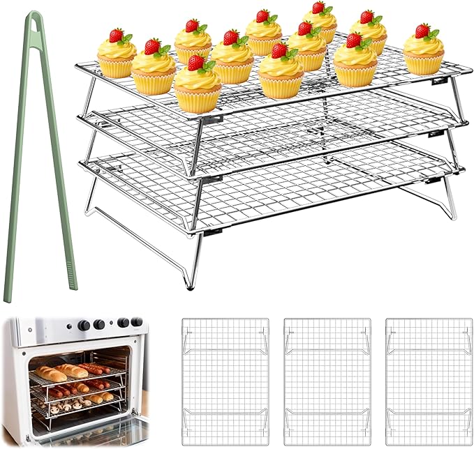 3-Tier Cookie Cooling Racks for Cooking & Baking, 304 Stainless Steel 13"x9" Stackable Wire Rack, Oven & Dishwasher Safe, Baking Rack for Oven, with Silicone Tongs