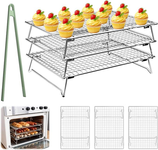 3-Tier Cookie Cooling Racks for Cooking & Baking, 304 Stainless Steel 13"x9" Stackable Wire Rack, Oven & Dishwasher Safe, Baking Rack for Oven, with Silicone Tongs