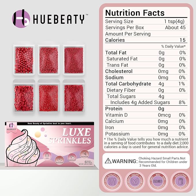 HUEBEATY 6-in-1 Valentines Red Sprinkles for Cake Decorating - 180g Red Heart Shaped Confetti Sprinkles, Edible Sugar Pearls, Sanding Sugar & Jimmies, Grinch Christmas & Valentines Sprinkles for Cookies, Cupcakes Baking