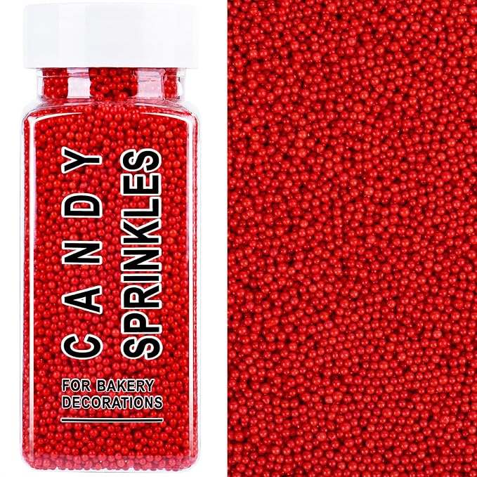 Red Nonpareils Sprinkles, 2mm Edible Pearls for Cake Decorating, 4.6oz Mini Sugar Candy Pearls for Baking, Cupcake, Cookie, Ice Cream Toppings, Christmas Party Valentines 4th of July Holiday Supplies