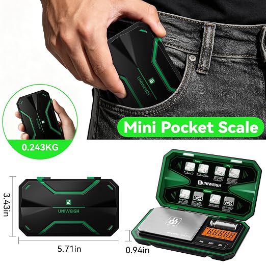 UNIWEIGH Digital Gram Scale 500g x 0.01g Accuracy Small Scale | Mini Pocket Jewelry Scale 6 Units/LCD,Weighs Small Food,Coin,Powder,Micro,Grains,Tare Function,Green(Battery Included)