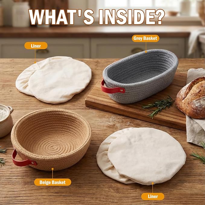 2 Pack Bread Proofing Basket Set, Cotton Rope Banneton with Liners & Covers, Oval & Round in Grey & Coffee for Sourdough and Artisan Bread Baking