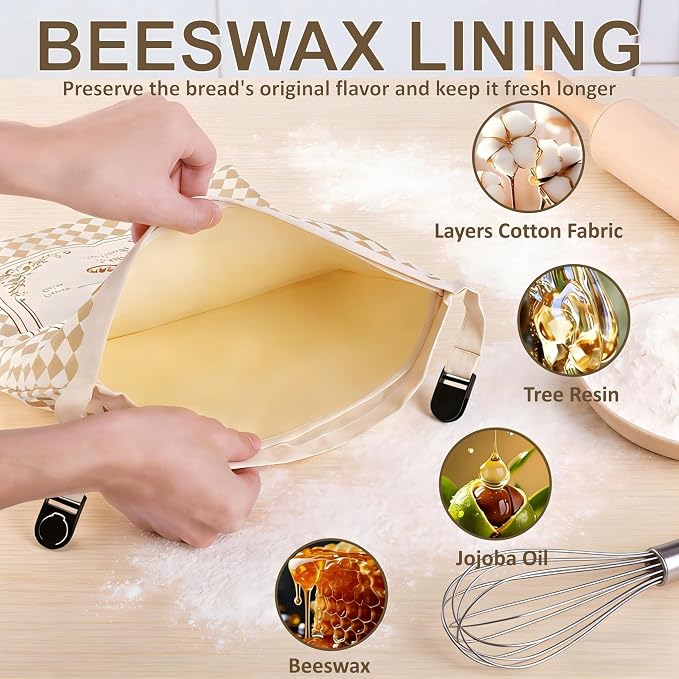 2 Pack Beeswax Bread Bags for Sourdough Homemade Bread, 16x12 Inch Cotton Storage Bags with Removable Liner for Sourdough Fresh and Extend
