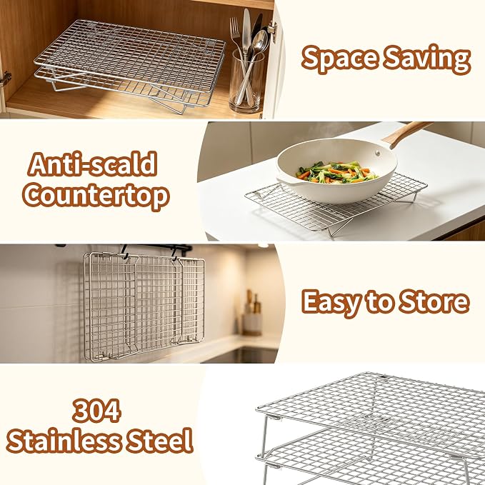2-Tier Cooling Rack for Baking, 304 Stainless Steel Stackable Wire Baking Rack, Oven & Dishwasher Safe, Fits Half Sheet Pan for Roasting, Bacon, Cooling & Air Fryer Cooking, 13.4"x9.4"