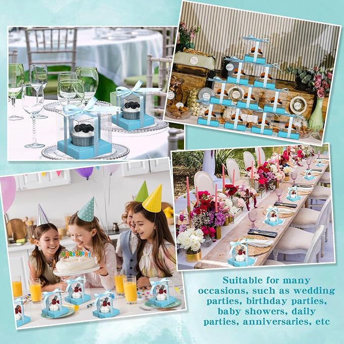 Thenshop 50 Pcs Clear Cupcake Boxes Individual 3.5 Inch Plastic Single Cupcake Containers Boxes with Inserts and Ribbon Individual Cake Storage Holders for Cake Kitchen(Light Blue)