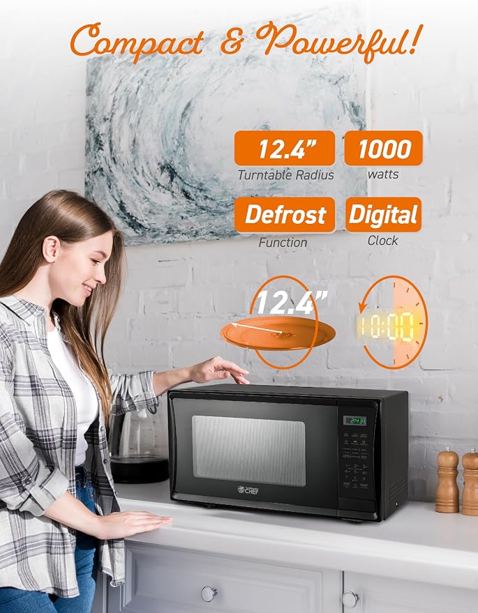 Commercial Chef 1.1 Cu. Ft. Countertop Microwave Oven, Touch Controls with Digital LED Display, 1000W Small Microwave with 12.4” Turntable Plate, Push Button Door, 10 Power Levels, CHM11MB, Black