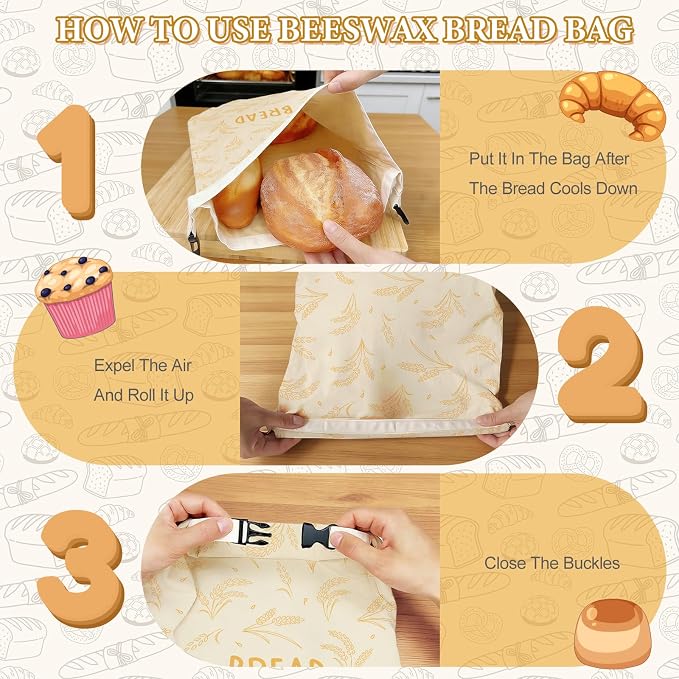 2 Pack Beeswax Bread Bags for Sourdough & Homemade Bread, 17x13 Inch Reusable Linen Beeswax Bread Bag with Buckle to Keeps Bread Freshness for Food Storage(Wheat)
