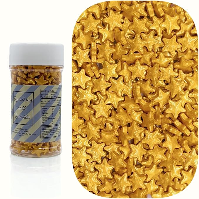 Dynastang 10mm Gold Stars Sprinkles Edible Stars Cake Decorating Stars Cake Decorations Cupcake Toppers Cookie Decorating Perfect for Cakes, Cupcakes, Desserts Toppings 3OZ