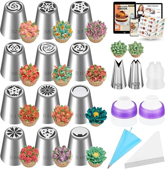 Kootek 48Pcs Russian Piping Tips Set, Piping Bags and Tips Set with 12 Russian Tips, 2 Icing Tips, 30+1 Pastry Bags, 3 Couplers for Cake Decorating, Cupcake, Cookie, Baking