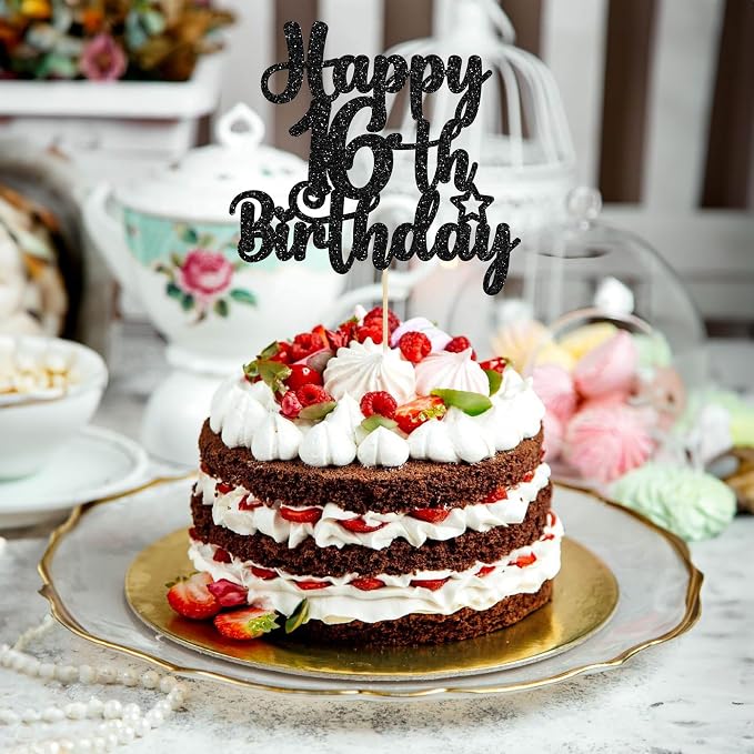 Gyufise 1Pc Happy 16th Birthday Cake Topper Black Glitter 16 & Fabulous Sweet 16 Birthday Cake Pick for Celebrating 16th Birthday Anniversary Party Cake Decorations Supplies