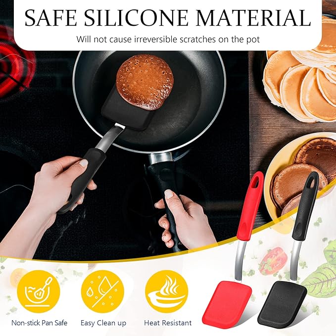 Silicone Cookie Spatula Turner 2 Pack Mini Brownie Spatula Flexible Kitchen Small Silicone Turner for Nonstick Cookware Heat Resistant No Scratch Flipper for Pancake(Solid Flat,Black, Red)