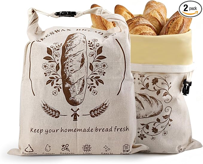 2 Pack Natural Beeswax Coated Linen Bread Bags, Reusable Fresh Keeping Bags for Sourdough & Baguette, Freezable Portable Bread Storage Container 17×12.6 Inch